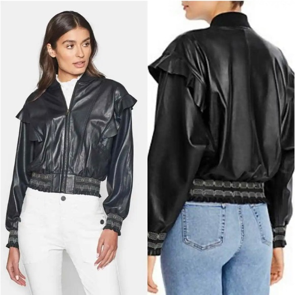 NWT Joie women’s Temis B ruffle super soft leather Jacket black size XS